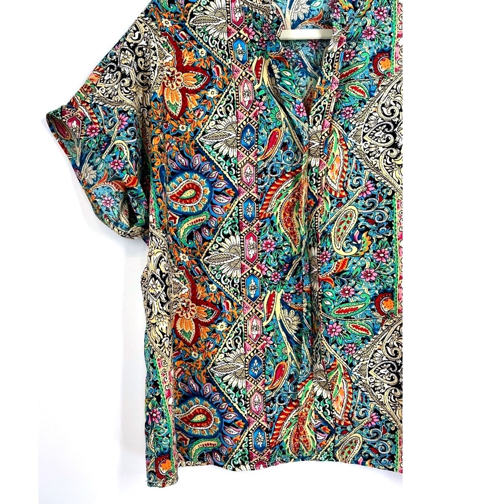 Multicolor Paisley Notch Collar Short Sleeve Blouse Boho Festival Maximalist XL - Picture 10 of 11